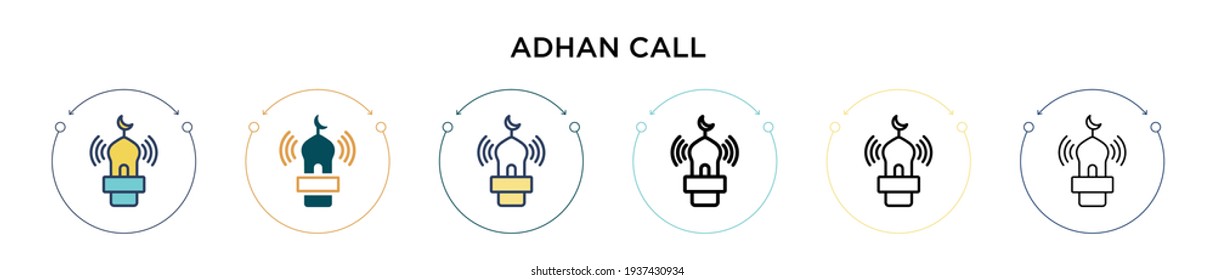 Adhan call icon in filled, thin line, outline and stroke style. Vector illustration of two colored and black adhan call vector icons designs can be used for mobile, ui, web