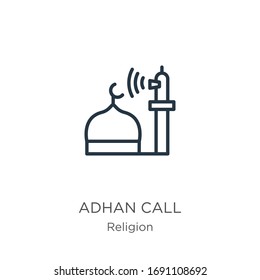 Icono de llamada de Adhan. Icono de contorno de llamada lineal delgado aislado en fondo blanco de la colección de religión. Signo vectorial de línea, símbolo para web y móvil