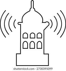Adhan Llamada a la oración Icono de la mezquita islámica y símbolos de muezzin, grupo de Ilustraciones vectoriales de línea, agregar Azan, minarete, tiempo de oración, adoración musulmana, ícono negro