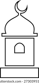 Adhan Llamada a la oración Icono de la mezquita islámica y símbolos de muezzin, grupo de Ilustraciones vectoriales de línea, agregar Azan, minarete, tiempo de oración, adoración musulmana, ícono negro