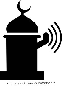 Adhan Llamada a la oración Icono de la mezquita islámica y símbolos de muezzin, grupo de Ilustraciones vectoriales planas, agregar Azan, minarete, tiempo de oración, adoración musulmana, icono negro