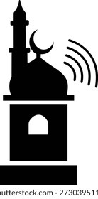 Adhan Llamada a la oración Icono de la mezquita islámica y símbolos de muezzin, grupo de Ilustraciones vectoriales planas, agregar Azan, minarete, tiempo de oración, adoración musulmana, icono negro