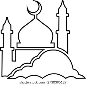 Adhan Llamada a la oración Icono de la mezquita islámica y símbolos de muezzin, grupo de Ilustraciones vectoriales de línea, agregar Azan, minarete, tiempo de oración, adoración musulmana, ícono negro