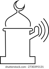 Adhan Llamada a la oración Icono de la mezquita islámica y símbolos de muezzin, grupo de Ilustraciones vectoriales de línea, agregar Azan, minarete, tiempo de oración, adoración musulmana, ícono negro