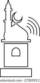 Adhan Llamada a la oración Icono de la mezquita islámica y símbolos de muezzin, grupo de Ilustraciones vectoriales de línea, agregar Azan, minarete, tiempo de oración, adoración musulmana, ícono negro