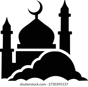 Adhan Llamada a la oración Icono de la mezquita islámica y símbolos de muezzin, grupo de Ilustraciones vectoriales planas, agregar Azan, minarete, tiempo de oración, adoración musulmana, icono negro