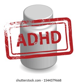 adhd, attention deficit hyperactivity disorder, medicine bottle, white color, vector illustration 