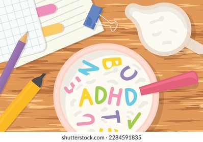 ADHD (Attention Deficit Hyperactivity Disorder) written with colorful breakfast corn flakes - vector illustration