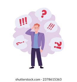ADHD Attention Deficit Hyperactivity Disorder concept with man having difficulties and mess in thoughts, flat vector illustration isolated on white background.