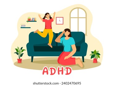 ADHS oder Aufmerksamkeitsdefizit Hyperaktivitätsstörung Vektor-Illustration mit Kindern Impulsivem und hyperaktivem Verhalten in psychischer Gesundheit und Psychologie