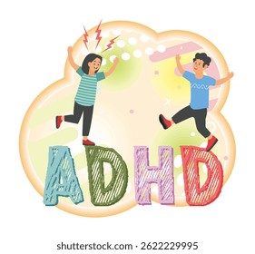 ADHD, attention deficit hyperactivity disorder metaphors. ADHD through children interacting with large colorful letters, emphasizing creativity, energy, and positivity.