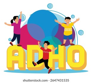 ADHD, attention deficit hyperactivity disorder concept. Joyful children jumping on bold letters surrounded by vibrant colors and bubbles.