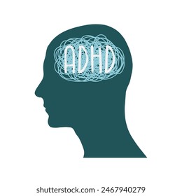 ADHD Attention disorder vector illustration of humans head silhouette with messy lines of thinks. Mental disorder icon