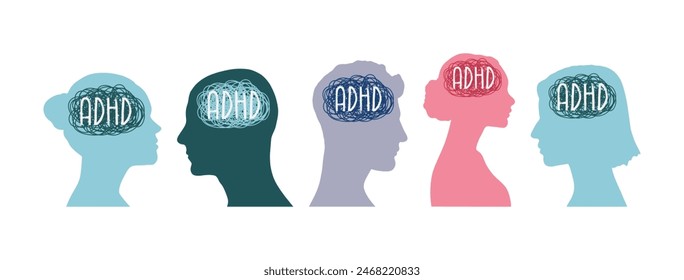 ADHD Attention disorder vector illustration of humans heads silhouette with messy lines of thinks. Mental disorder icon set