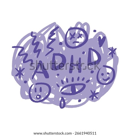 ADHD Awareness Brain with Thoughts Tears and Distress Mental Psychology Lettering Vector Clip-art 