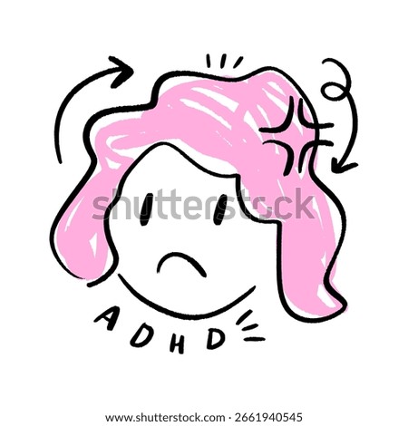 ADHD Awareness Brain with Thoughts Tears and Distress Mental Psychology Lettering Vector Clip-art 