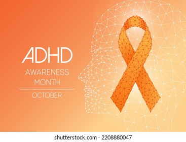 ADHD awareness month October web banner with orange ribbon and head silhouette on orange background