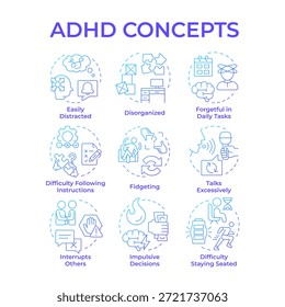 ADHD-Symbole für blaue Farbverläufe. Soziale Kommunikation, Gehirnkrankheiten. Aufgabenmanagement, impulsive Entscheidungen. Symbolpaket. Vektorbilder. Runde Illustrationen für Blogeinträge, Broschüre. Abstrakte Idee