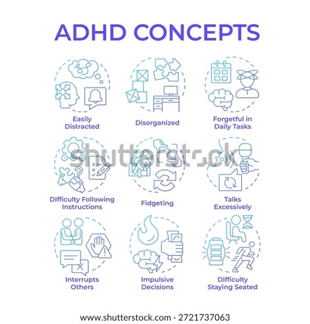 ADHD blue gradient concept icons. Social communication, brain illness. Task management, impulsive decisions. Icon pack. Vector images. Round shape illustrations for blog post, booklet. Abstract idea