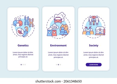 ADHD causes onboarding mobile app page screen. Genetics and environment walkthrough 3 steps graphic instructions with concepts. UI, UX, GUI vector template with linear color illustrations