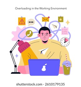 ADHD challenges in workspaces are illustrated through a character overwhelmed by various notifications and distractions. Highlighting the need for focus in a busy environment. Vector illustration.