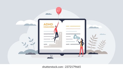 ADHD coaching or learning how to deal with mental problem tiny person concept. Attention deficit and hyperactivity disorder challenge for children vector illustration. Psychologist mentor training.