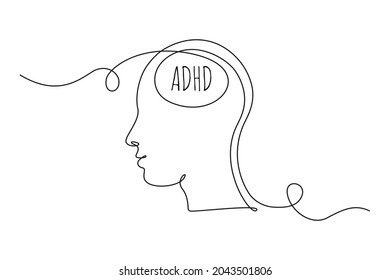 ADHD concept with man head. One continuous line drawing of messy thoughts and mental Attention disorder. Vector illustration