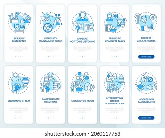 ADHD diagnosis onboarding mobile app page screen set. Compulsive behavior signs walkthrough 5 steps graphic instructions with concepts. UI, UX, GUI vector template with linear color illustrations