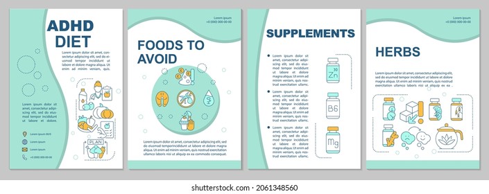 ADHD diet brochure template. Supplements and herbs. Good nutrition. Flyer, booklet, leaflet print, cover design with linear icons. Vector layouts for presentation, annual reports, advertisement pages