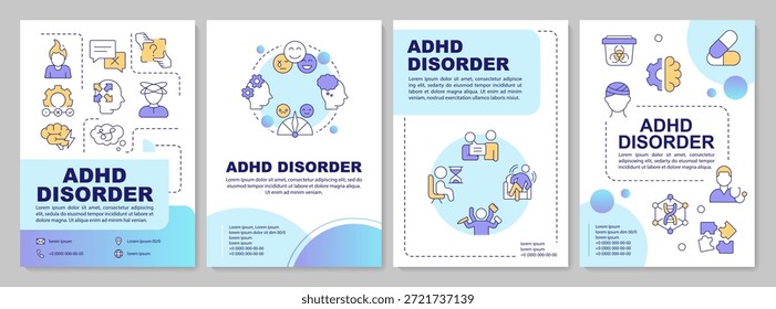 Trastorno de TDAH: diseño de folleto con gradiente azul. control del sentimiento, salud mental. Diseño publicitario de folleto con iconos de línea de color. Editable 4 páginas