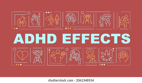 ADHD effects word concepts banner. Weight problems. Impulsive behavior. Infographics with linear icons on red background. Isolated creative typography. Vector outline color illustration with text