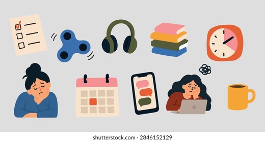 ADHD Executive Dysfunction and Productivity Illustration Set