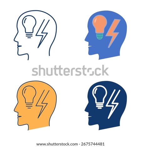 ADHD flat and line icon set. Head with light bulb and lightning. Attention deficit hyperactivity disorder symbol. Vector illustration