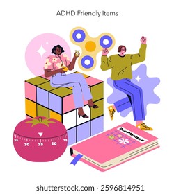 ADHD Friendly Items set. Special tools and activities designed to support focus and engagement. Includes fidget toys, planners, and time management tools, promoting productivity and fun. Vector