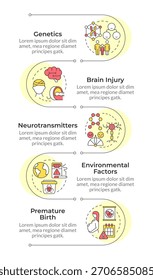 Secuencia de Vertical de la infografía de crecimiento del TDAH. Neurología, nacimientos prematuros. Investigación genética. Infografía de visualización con 5 pasos. Círculos en el flujo de trabajo