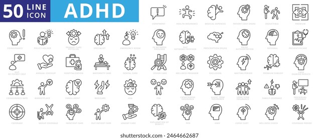 ADHD icon set with hyperactivity, impulsivity, executive function, in, focus, distractibility, and concentration.