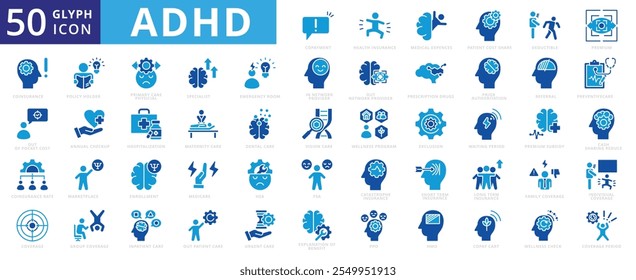 ADHD icon set with hyperactivity, impulsivity, executive function, focus, distractibility, treatment, therapy, medication, diagnosis, psychology, neurology, mindfulness, and concentration.