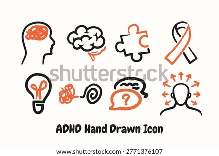 ADHD icon set with neurodiversity, hyperactivity, impulsivity, focus, distractibility, and concentration, colorful hand drawn vector.