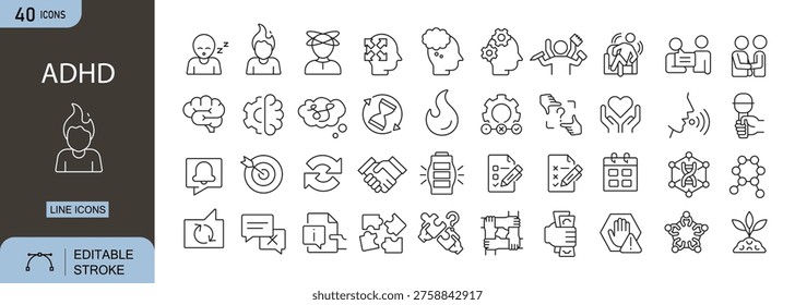 ADHD icons set representing attention disorder, focus issues, mental health, behavior, therapy, awareness and support concepts in clean outline style. Editable Stroke.