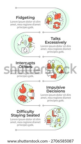 ADHD impulse control infographic vertical sequence. Attention control, speaking skills. Visualization infochart with 5 steps. Circles workflow