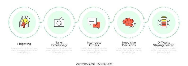 Infografía de impulsividad del TDAH 5 pasos. Redes sociales. Decisiones impulsivas. Baja energía. Diagrama de flujo infográfico. Iconos de gráficos de información de Vector editables