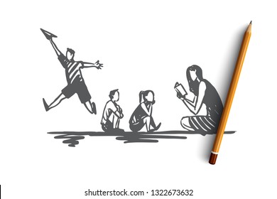 ADHD, kid, deficit, attention, hyperactivity concept. Hand drawn problem in behavior of child concept sketch. Isolated vector illustration.