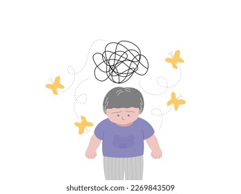 ADHD kid with stress emotion sign and butterflies, flat vector illustration.