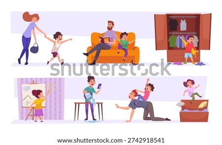Adhd kids. Hyperactive people in action scenes hyperactive and impulsivity childrens exact vector cartoon template