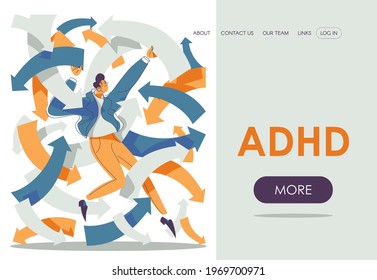 ADHD Landing Page Template With Man In Doubt Among Plenty Of Arrows. Mental Health Banner 