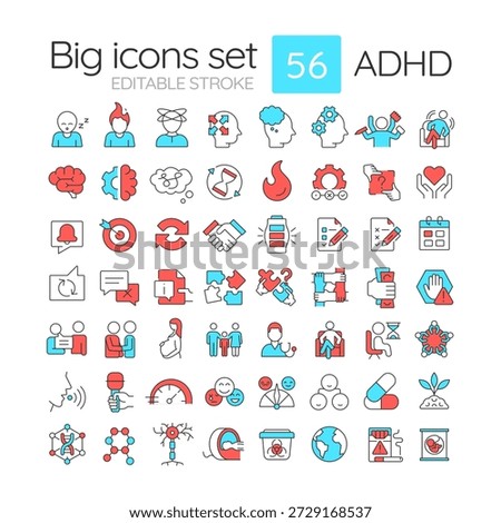 ADHD line color icons set. Mental health, genetic illness. Parenting education. Psychological therapy. Vector illustrations. Simple flat colorful symbols collection. Editable stroke