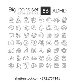 ADHD line icons set. Mental health, genetic illness. Parenting education. Psychological therapy. Isolated vector outline illustrations. Thin lineart iconset symbols. Editable stroke