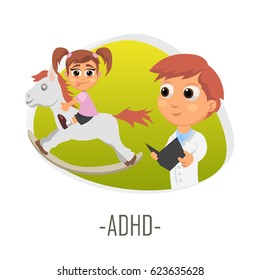 ADHD medical concept. Vector illustration. Doctor and patient are talking in the hospital. Isolated on white background.