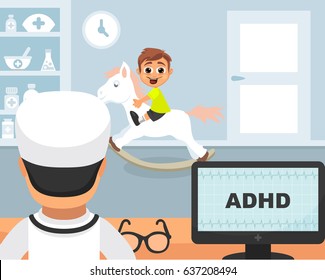 ADHD medical concept. Vector illustration. Doctor and patient are talking in the hospital. Isolated on white background.