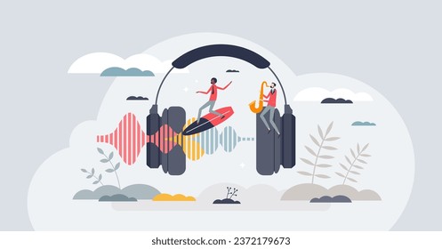 ADHD music as sound for children with attention deficit tiny person concept. Therapy and help for kids with hyperactivity disorder vector illustration. Listening as calming solution after stimulation